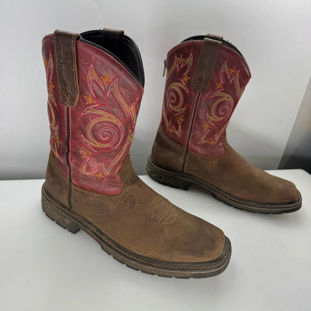 Georgia Boot Carbo Tec Western Work Boot Kids 6.5M Brown Red Pull On Square‎ Toe